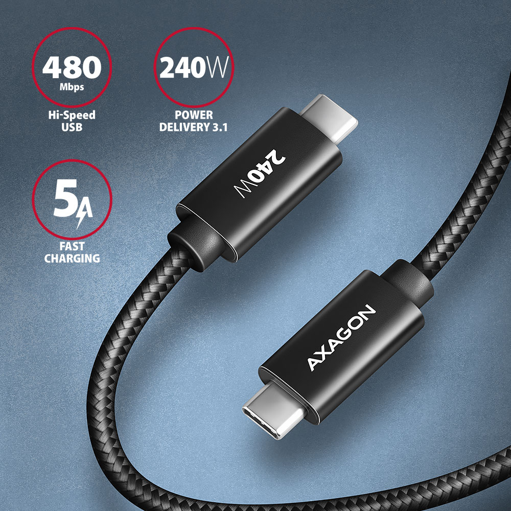 AXAGON BUCM2-CM25AB CHARGE cable USB-C <-> USB-C 2.0, 2.5m, PD 240W 5A, ALU, braid, Black