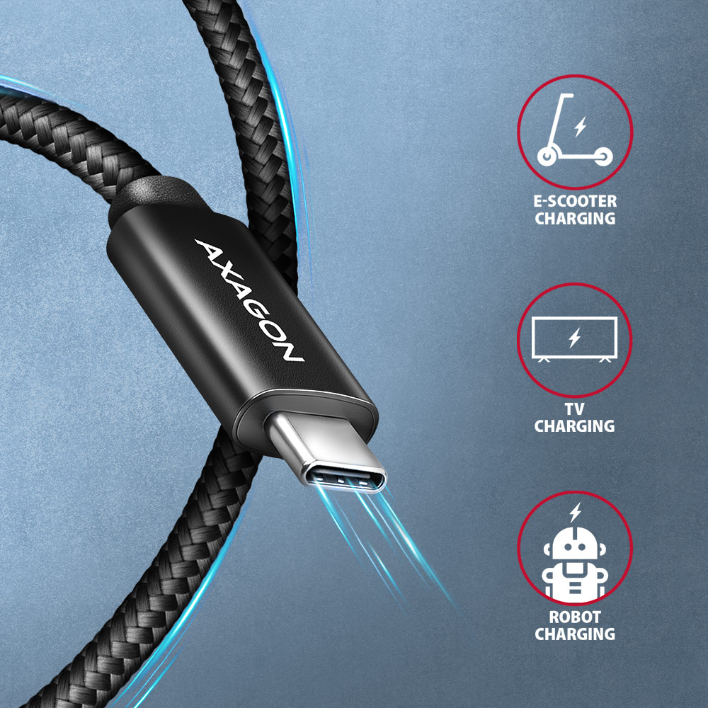 AXAGON BUCM2-CM25AB CHARGE cable USB-C <-> USB-C 2.0, 2.5m, PD 240W 5A, ALU, braid, Black
