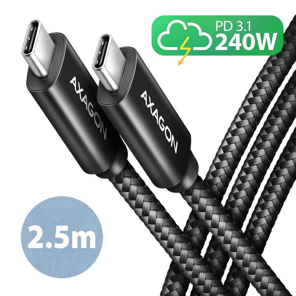 AXAGON BUCM2-CM25AB CHARGE cable USB-C <-> USB-C 2.0, 2.5m, PD 240W 5A, ALU, braid, Black