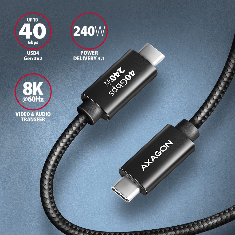 Kábel Axagon BUCM4X-CM10AB 240W USB-C <> USB-C 4 Gen 3x2 1m fekete