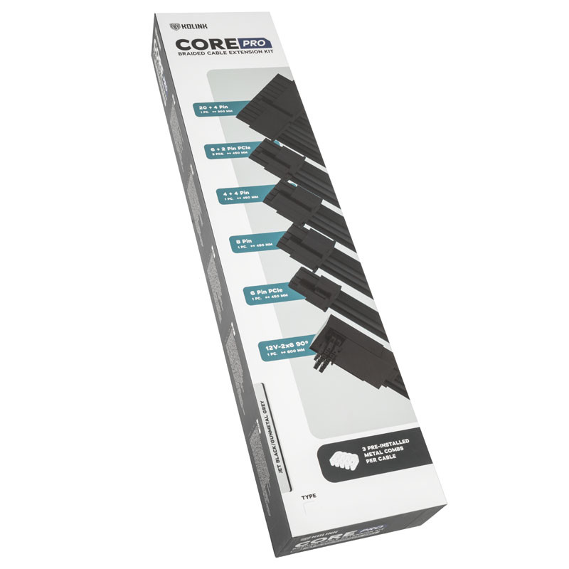 Kolink Core Pro Braided Cable Extension Kit 12V-2x6 Type 2 - Jet Black/ Grey