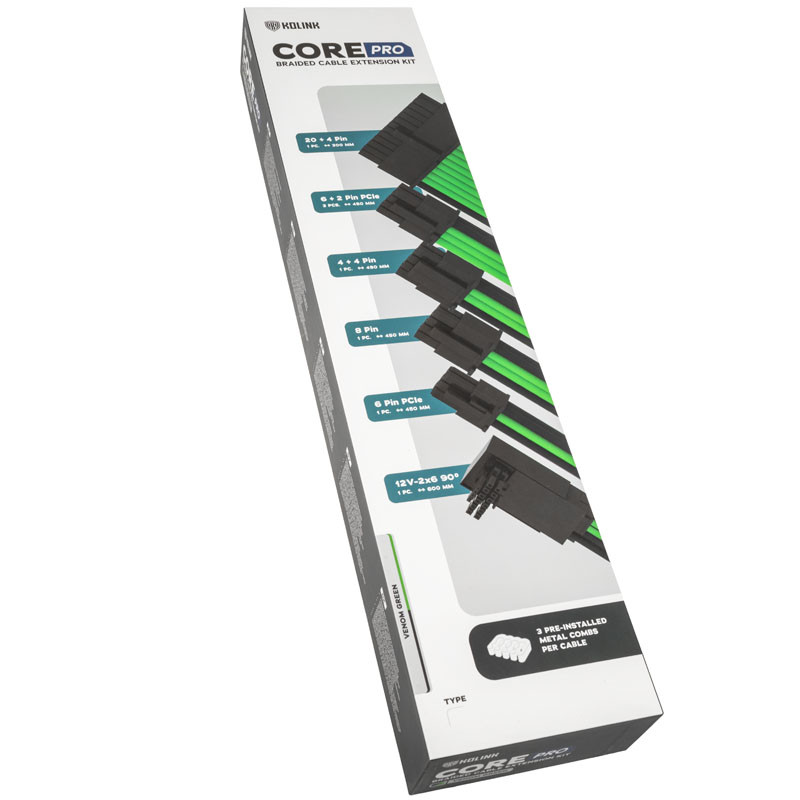 Kolink Core Pro Braided Cable Extension Kit 12V-2x6 Type 1 - Venom Green