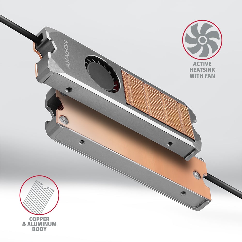 AXAGON CLR-M2FAN active fan - M.2 SSD, 80mm SSD, copper body, silicone thermal pads, height 13mm