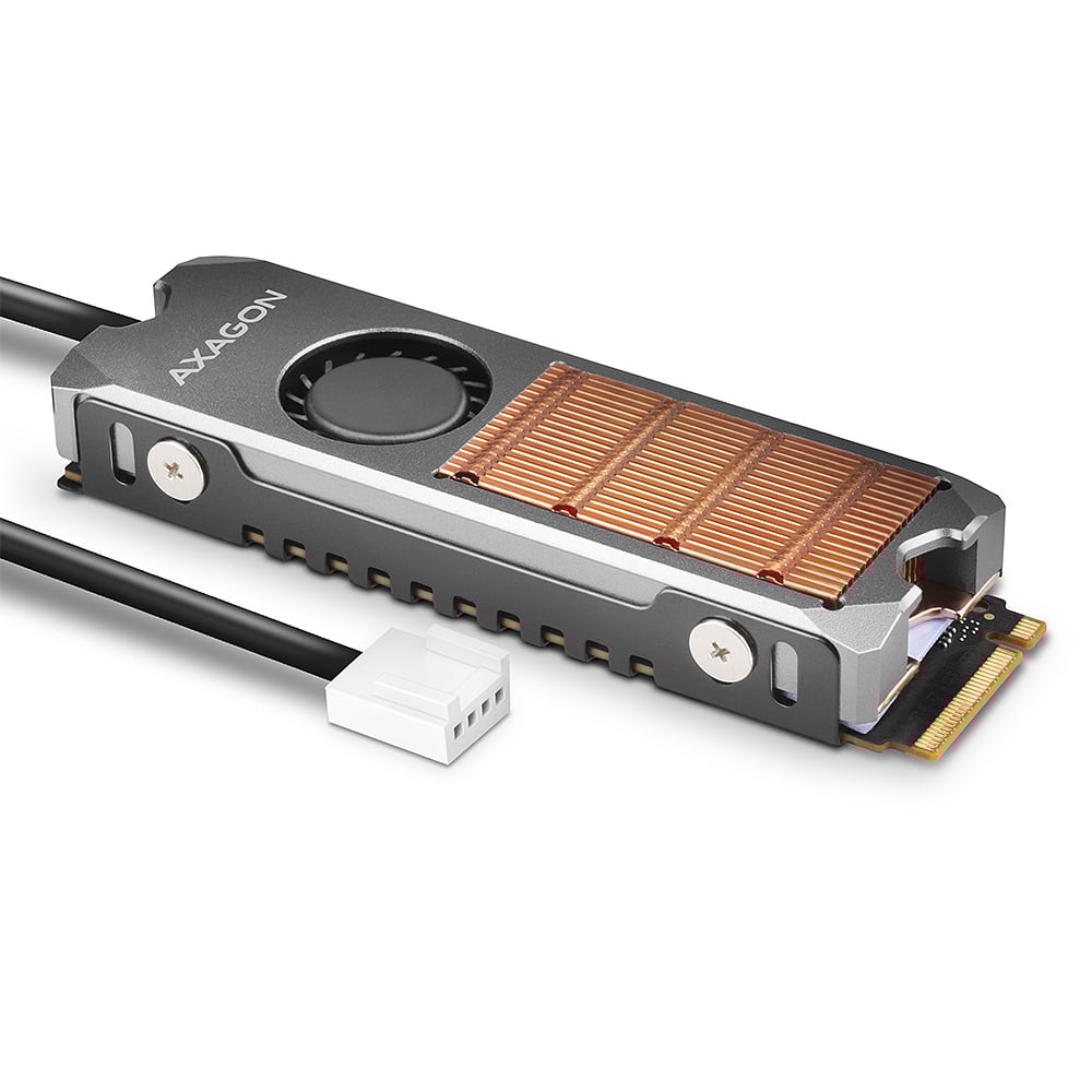 AXAGON CLR-M2FAN active fan - M.2 SSD, 80mm SSD, copper body, silicone thermal pads, height 13mm