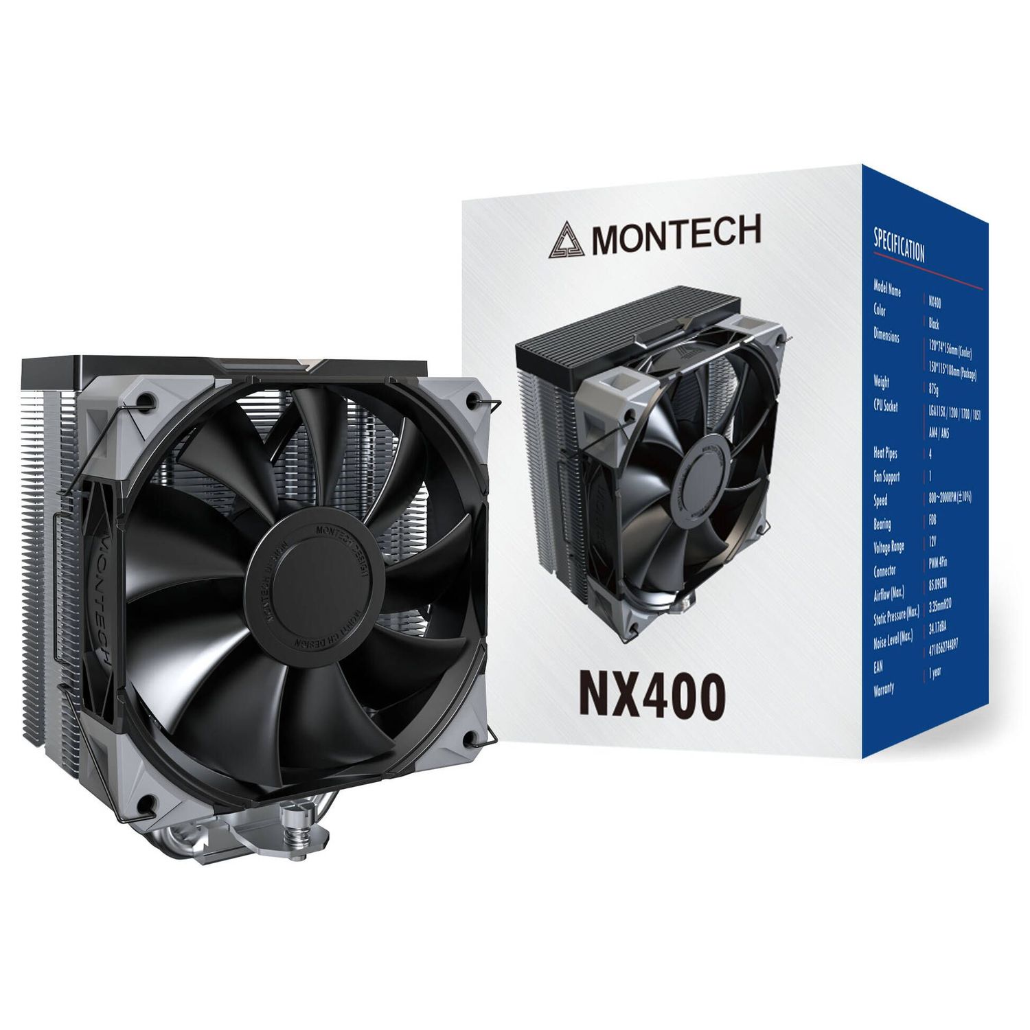 Montech NX400 Black CPU Cooler - 120mm, black
