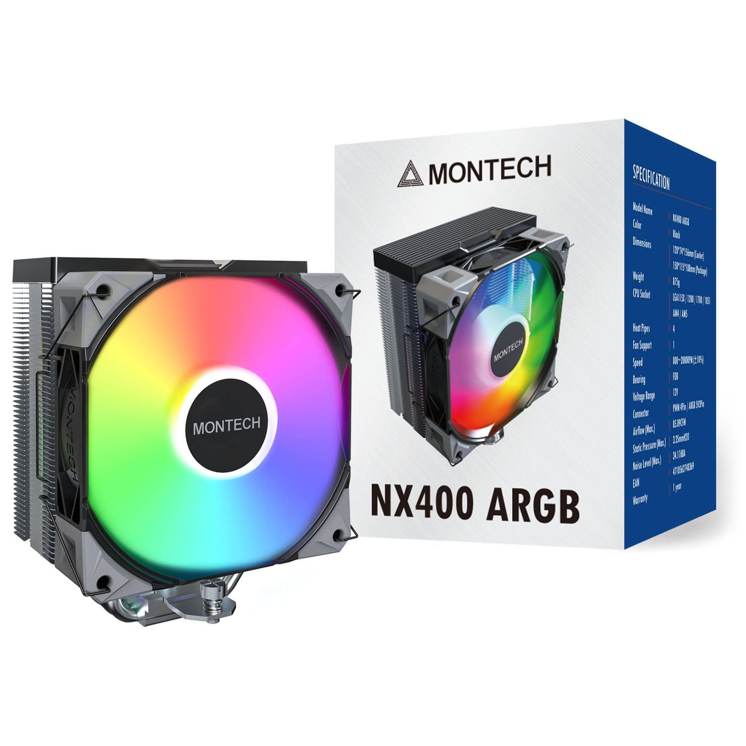 Montech NX400 White CPU Cooler, ARGB - 120mm, white