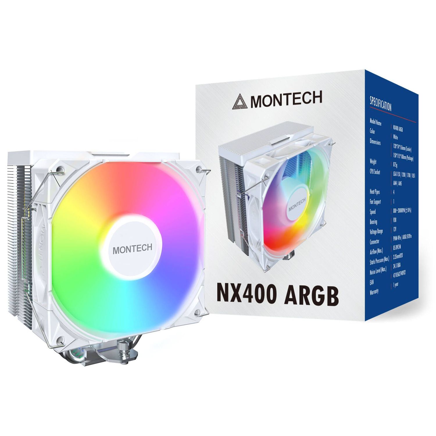Montech NX400 White CPU Cooler, ARGB - 120mm, white