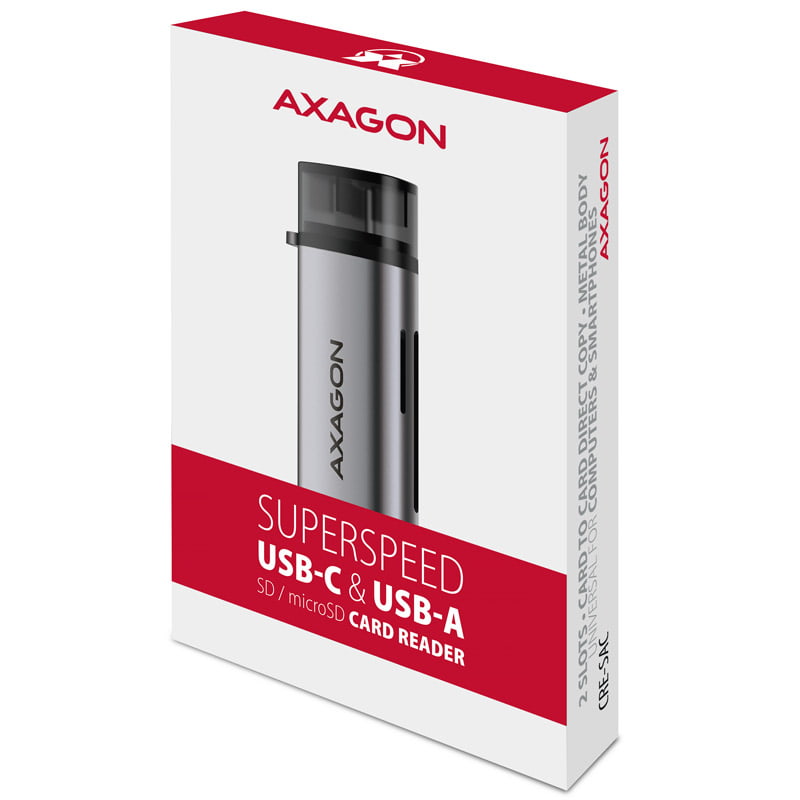 Kártyaolvasó Axagon USB 3.2 Gen1 Type-C + Type-A SD+micro SD Ezüst