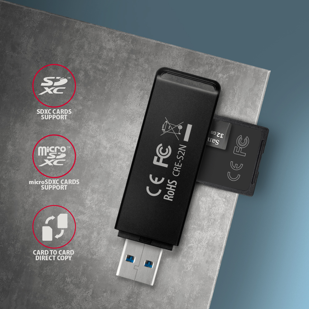 AXAGON CRE-S2N Cardreader USB-A 3.2 Gen 1, SD, microSD - black