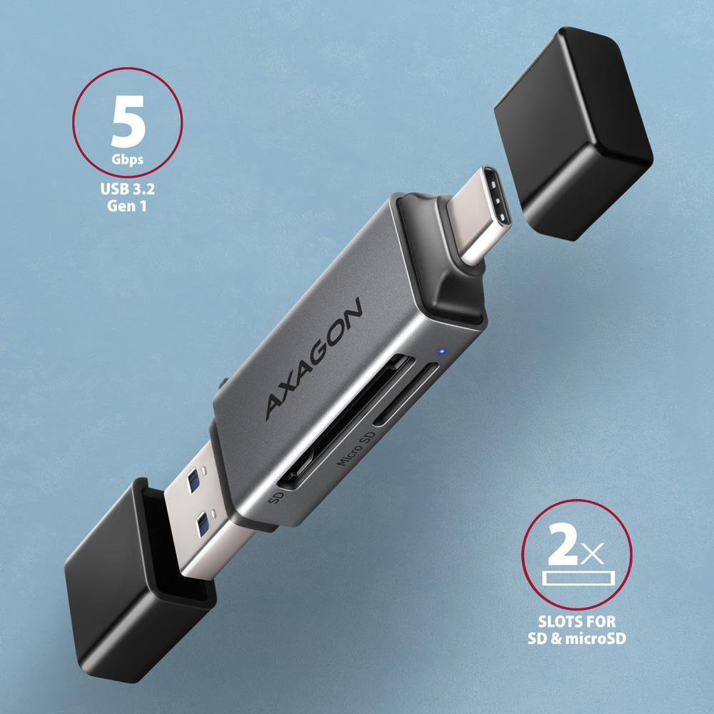 Kártyaolvasó AXAGON CRE-DAC SuperSpeed, USB-C + USB-A