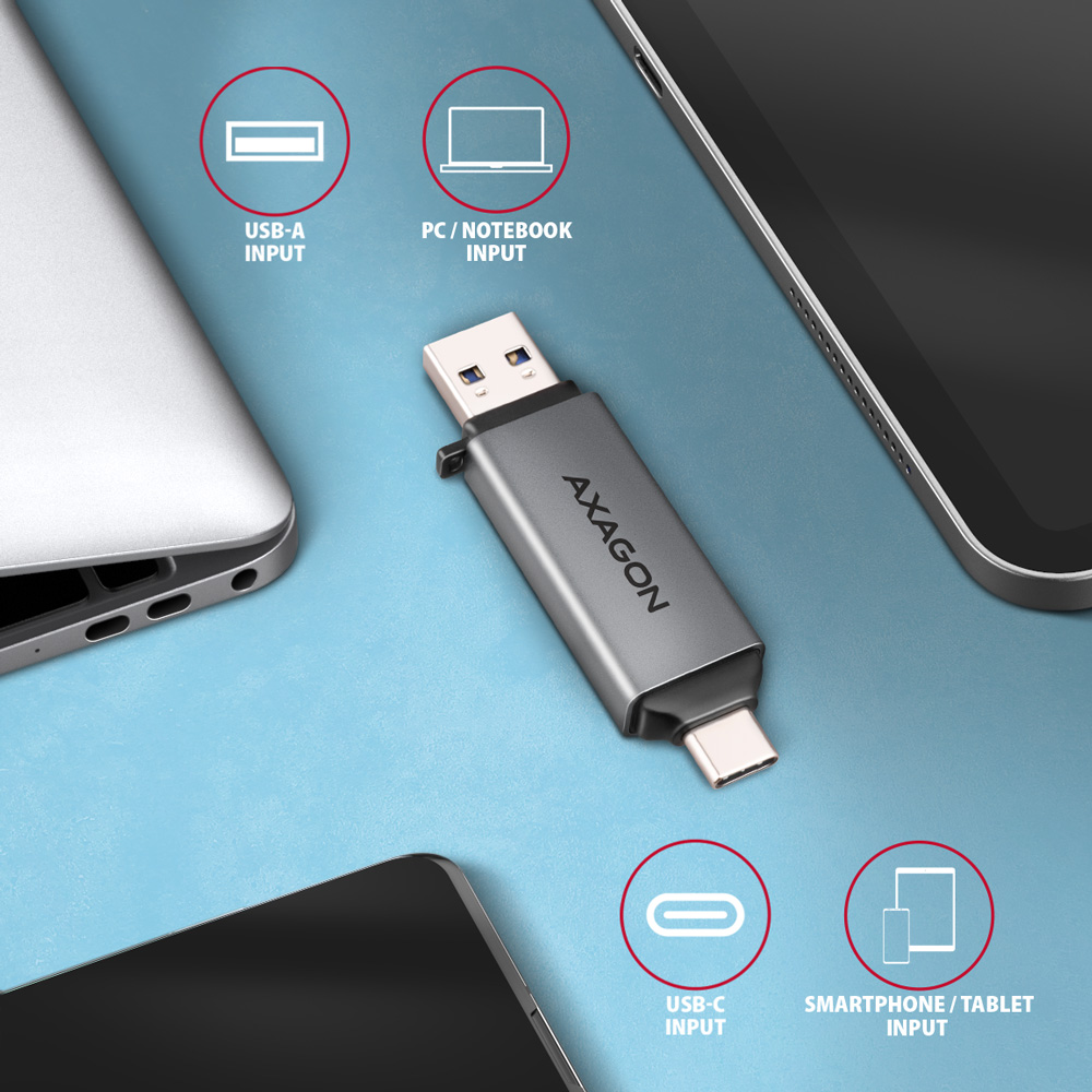 Kártyaolvasó AXAGON CRE-DAC SuperSpeed, USB-C + USB-A