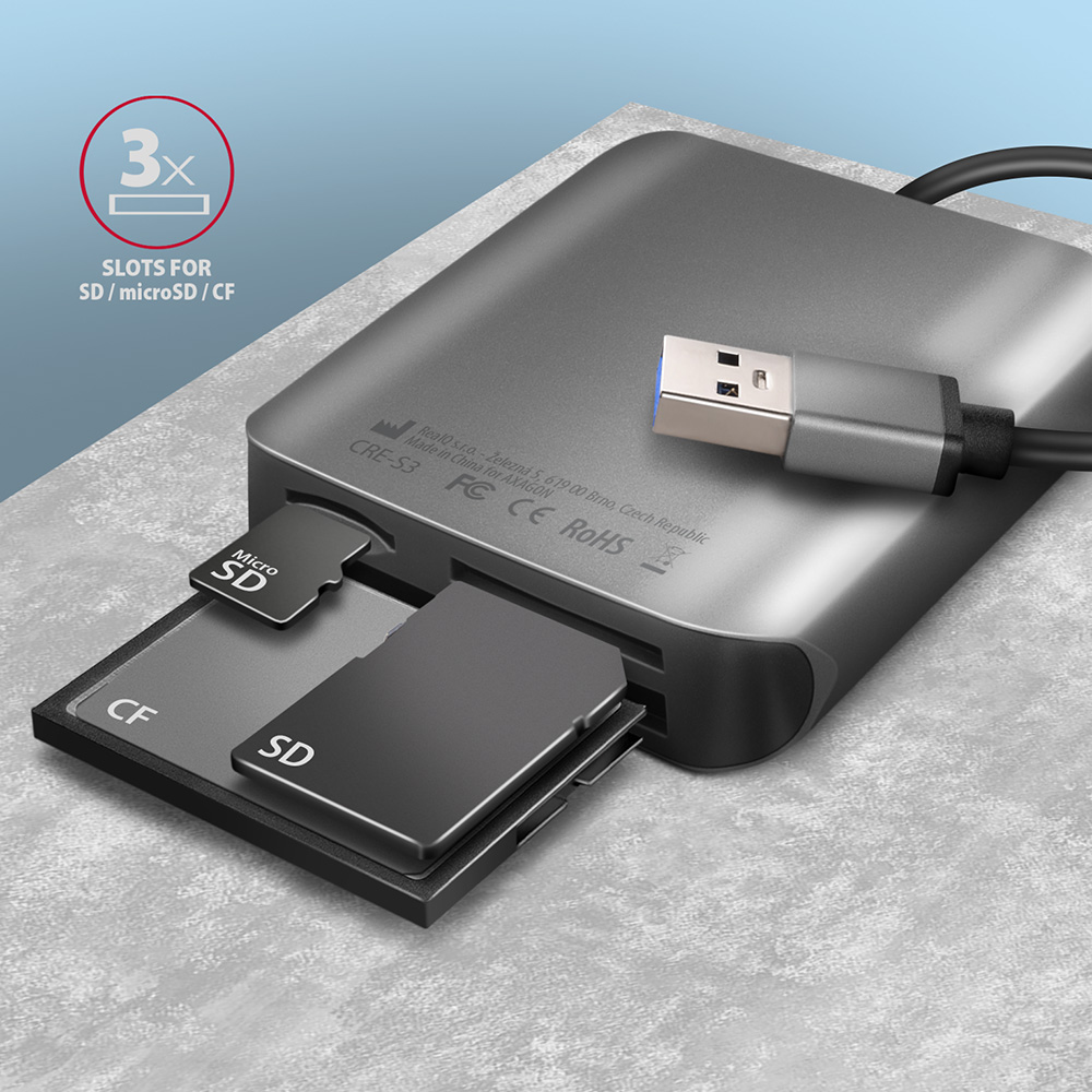 AXAGON CRE-S3 External card reader USB-A 3.2 Gen 1, 3-Slot, SD/microSD/CF, UHS-II