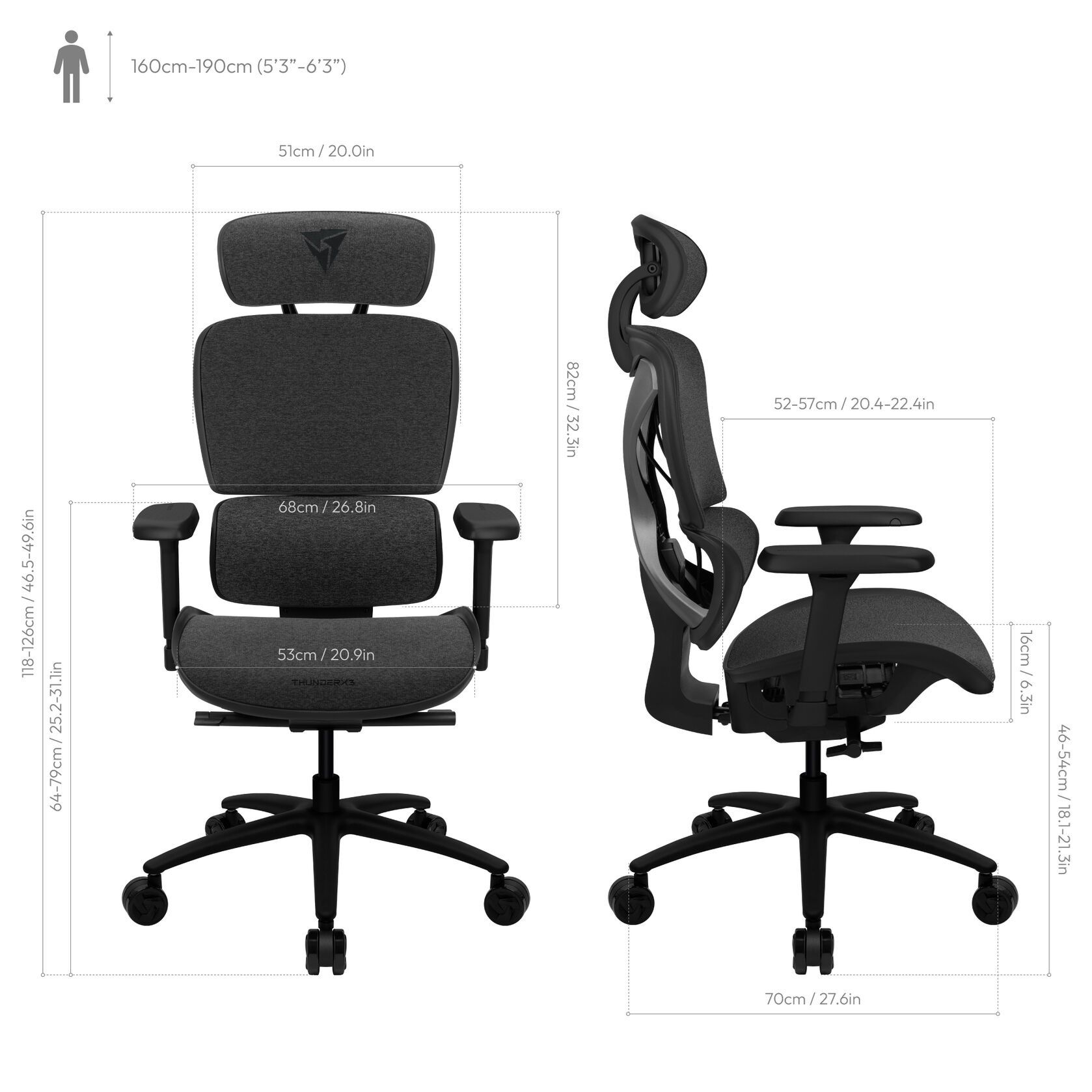 Gaming Chair ThunderX3 XTC Fabric Office Chair, Loft Dark Gray