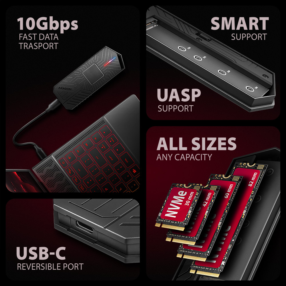 SSD ház AXAGON EEM2-GAM USB-C 10 Gbps M.2 NVMe és SATA SSD Game M.2 Box