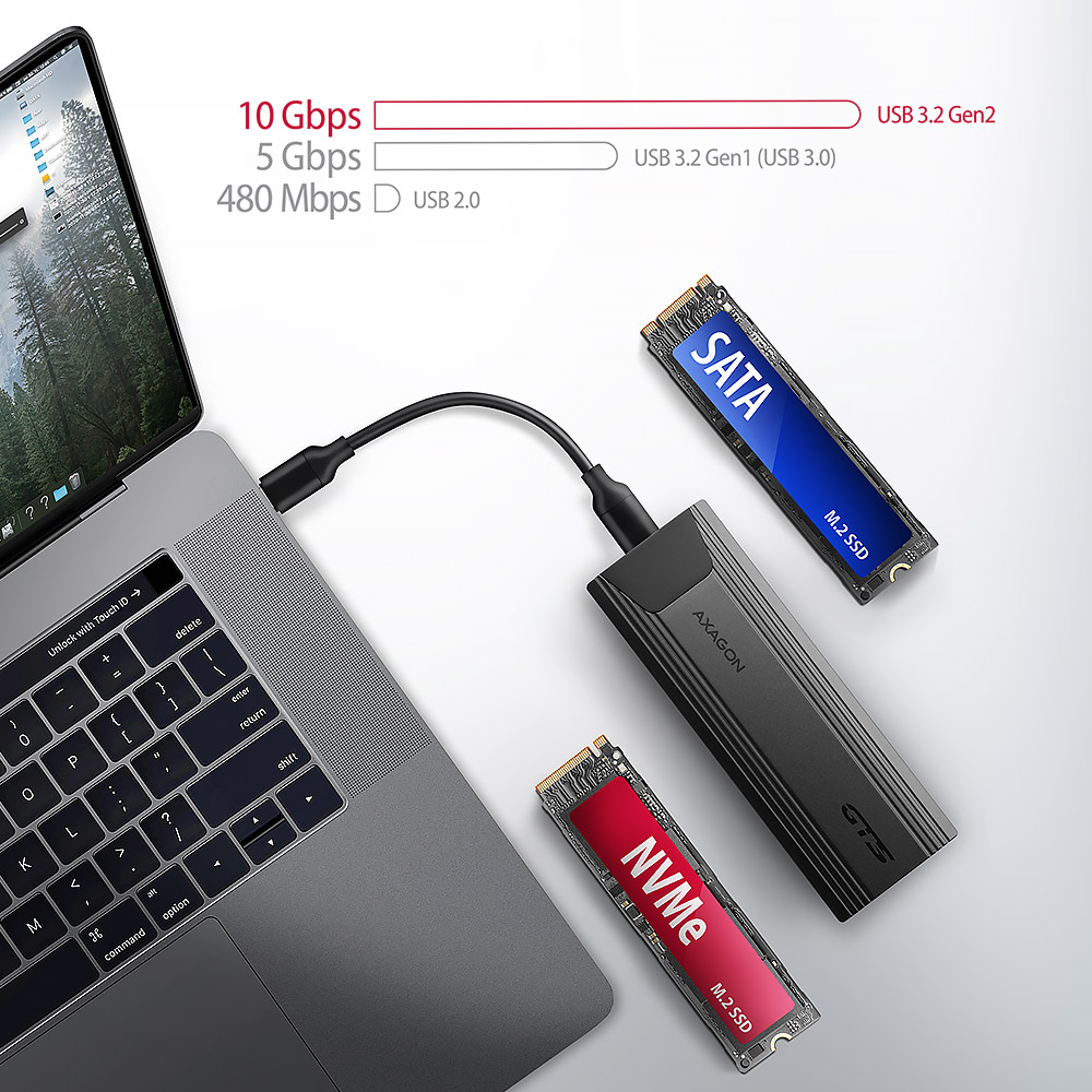 SSD ház AXAGON EEM2-GTS2 USB-C 10Gbps M.2 NVMe és SATA SSD, vékony, csavar nélküli