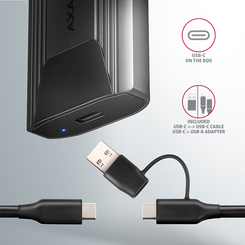 SSD ház AXAGON EEM2-GTS2 USB-C 10Gbps M.2 NVMe és SATA SSD, vékony, csavar nélküli