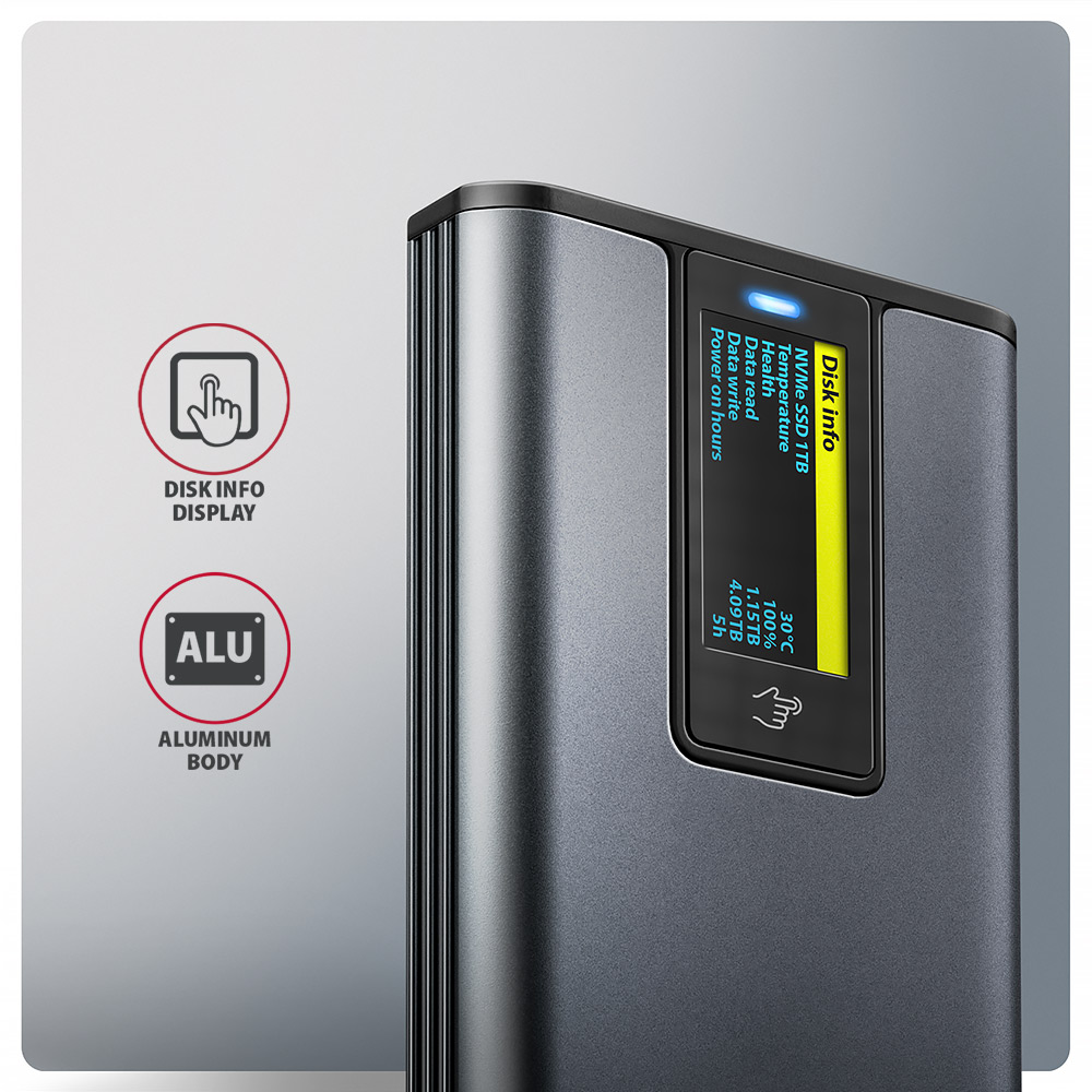 HDD ház Axagon EEM2-SD2 USB-C 10Gbps – M.2 NVMe & SATA SSD DISPLAY box