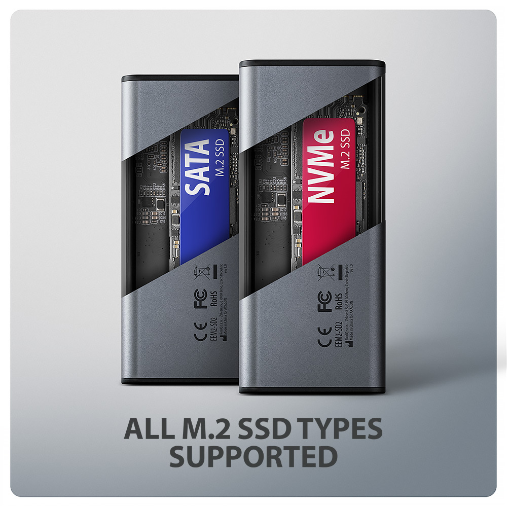 HDD ház Axagon EEM2-SD2 USB-C 10Gbps – M.2 NVMe & SATA SSD DISPLAY box