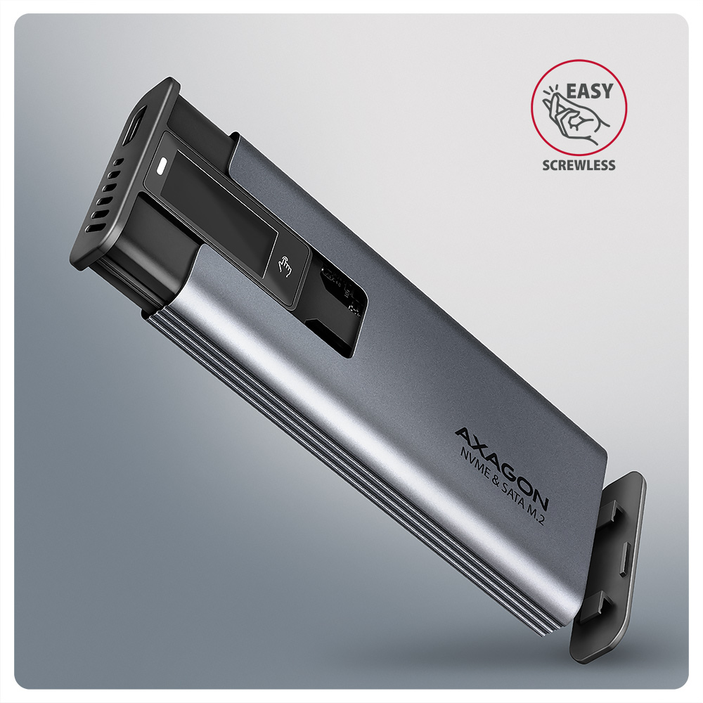 HDD ház Axagon EEM2-SD2 USB-C 10Gbps – M.2 NVMe & SATA SSD DISPLAY box
