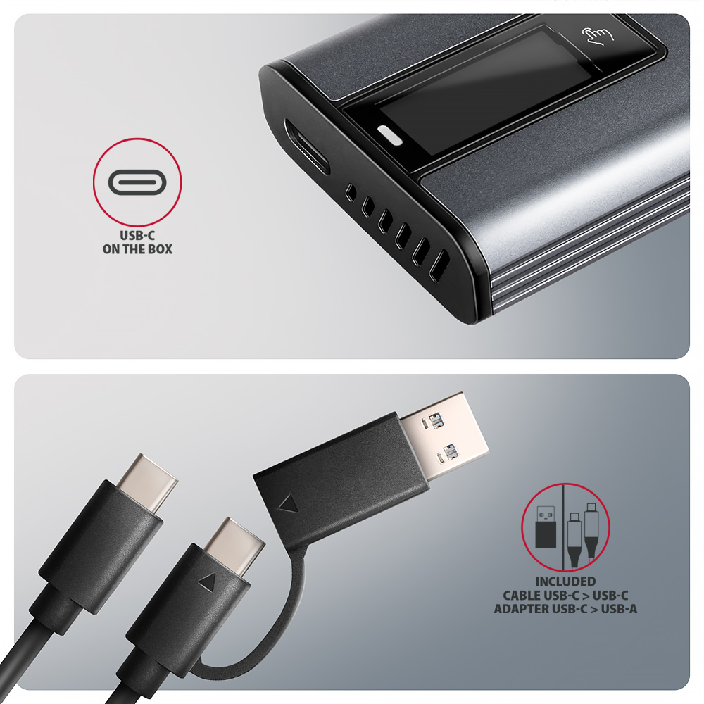 HDD ház Axagon EEM2-SD2 USB-C 10Gbps – M.2 NVMe & SATA SSD DISPLAY box