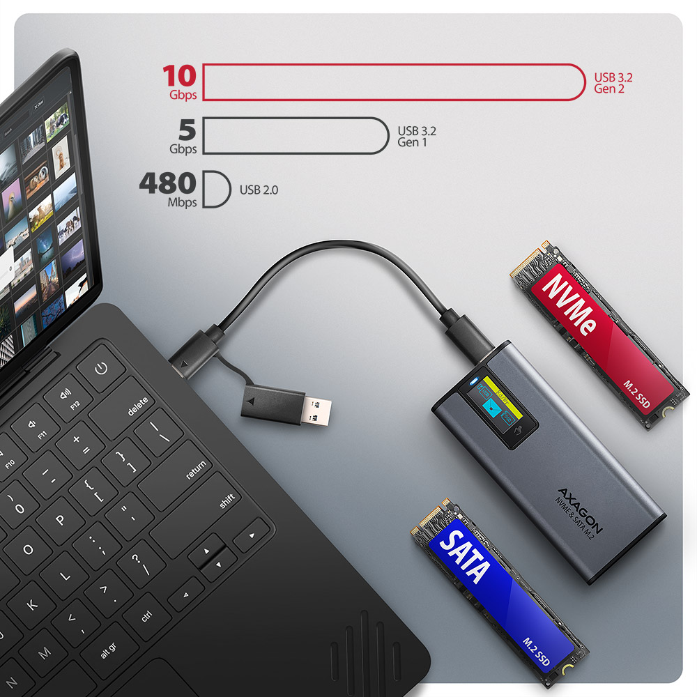 HDD ház Axagon EEM2-SD2 USB-C 10Gbps – M.2 NVMe & SATA SSD DISPLAY box