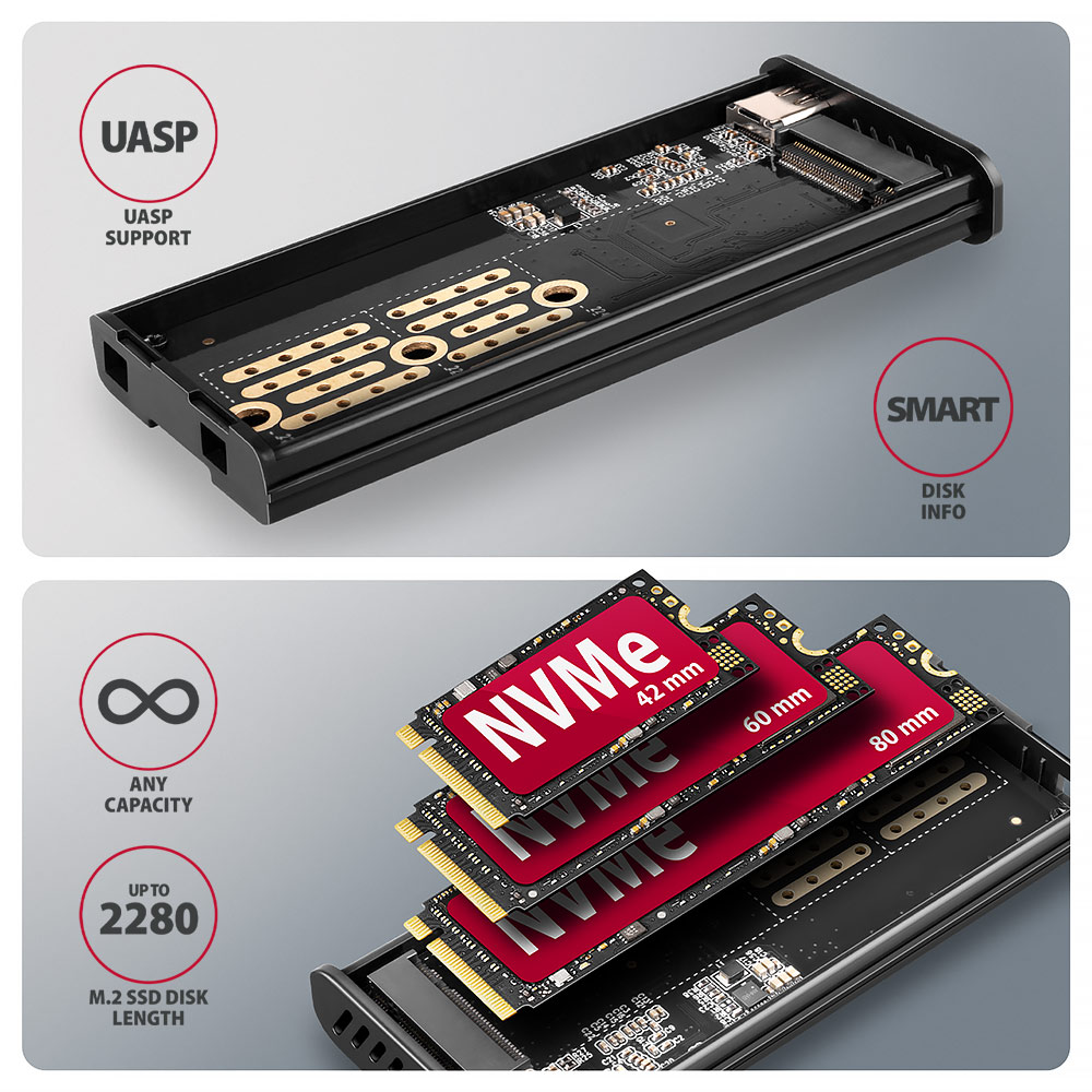 HDD ház Axagon EEM2-SD2 USB-C 10Gbps – M.2 NVMe & SATA SSD DISPLAY box