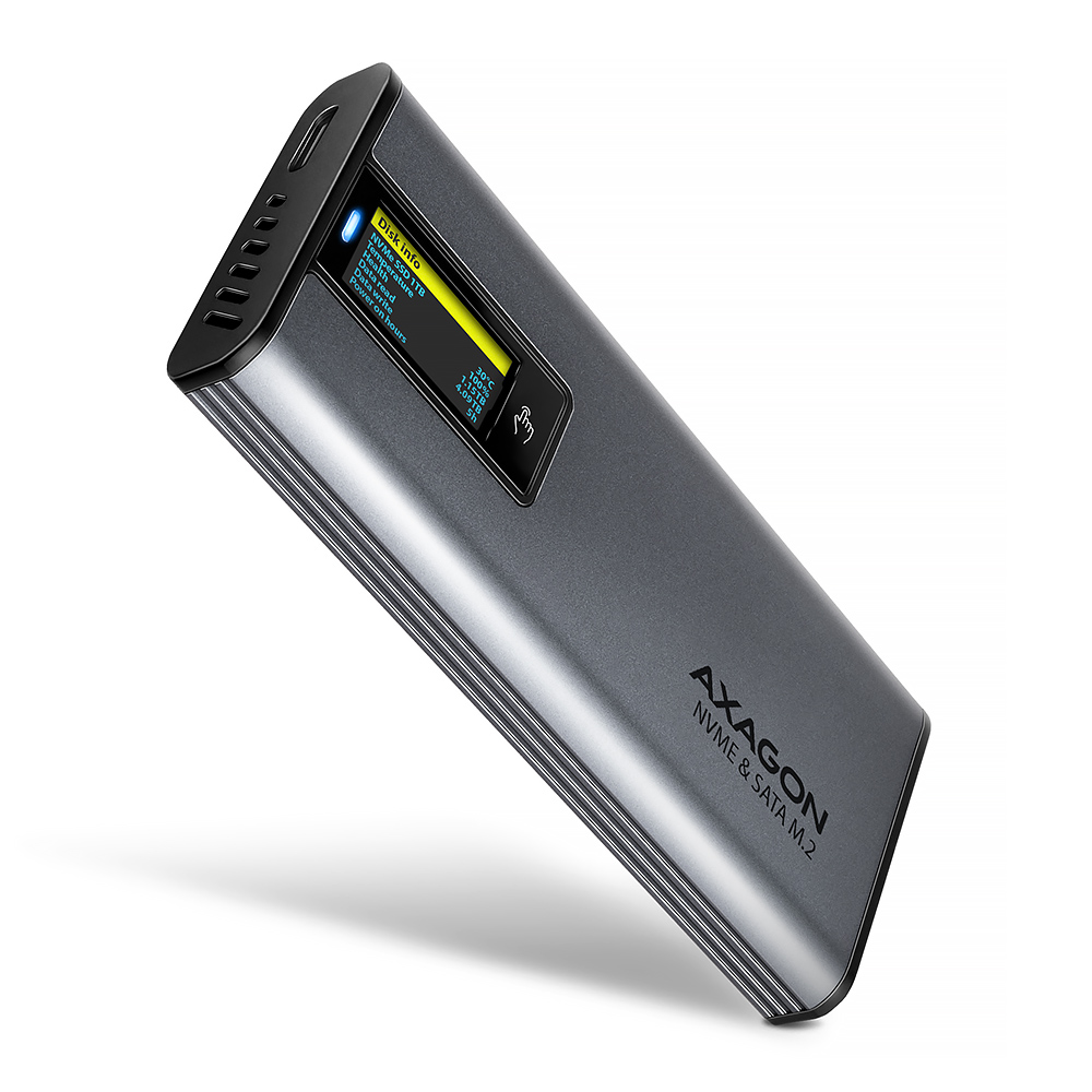 HDD ház Axagon EEM2-SD2 USB-C 10Gbps – M.2 NVMe & SATA SSD DISPLAY box