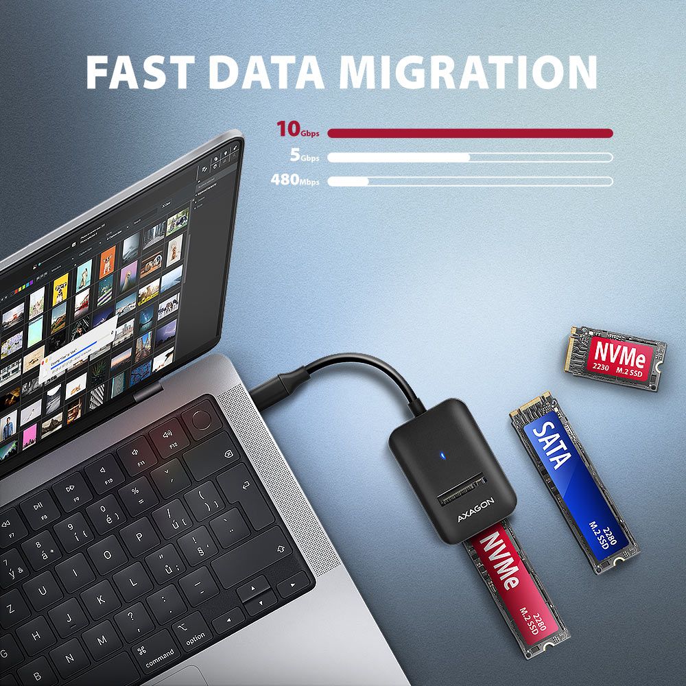 Axagon ADM2-CM USB-C 10 Gbps – M.2 NVMe & SATA SSD Adapter