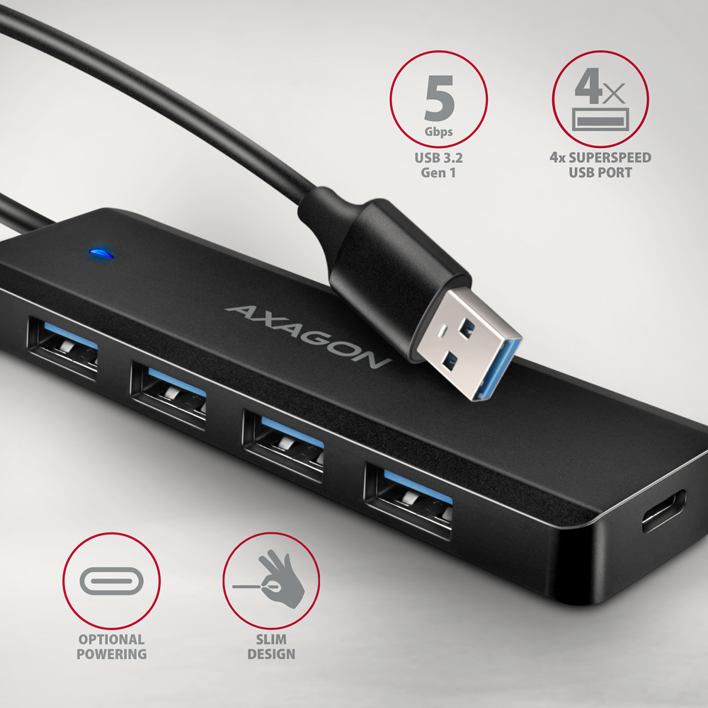 AXAGON HUE-C1A 4x USB 5Gbps TRAVEL hub, USB-C power IN, 19cm USB-A cable