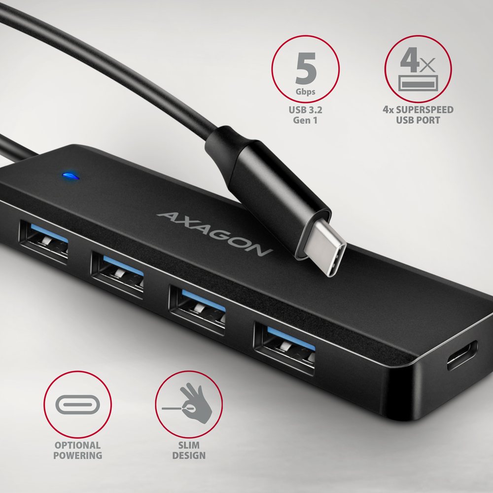 AXAGON HUE-C1C 4x USB 5Gbps TRAVEL hub, USB-C power IN, 19cm USB-C cable