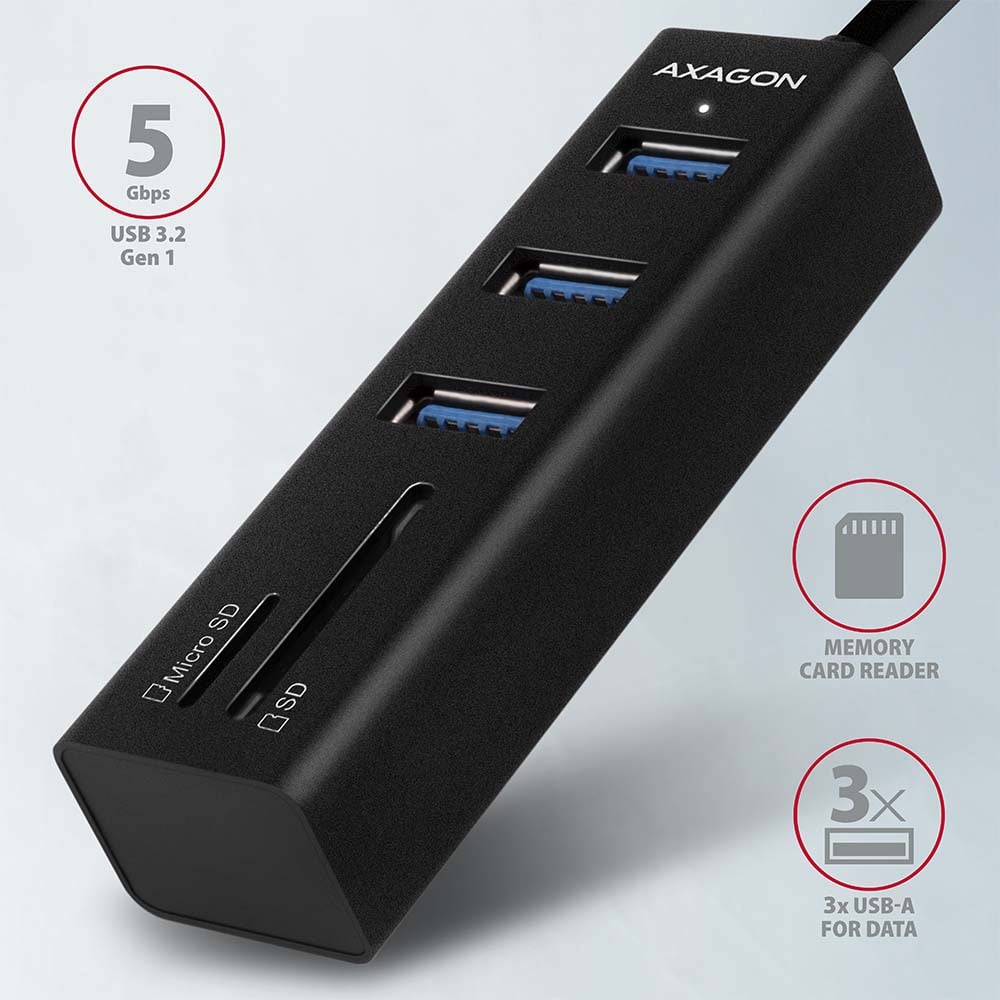 AXAGON HMA-CR3A 3x USB-A + SD/microSD, USB3.2 Gen 1 hub, metal, 20cm USB-A cable