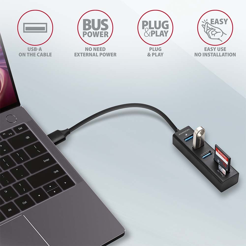 AXAGON HMA-CR3A 3x USB-A + SD/microSD, USB3.2 Gen 1 hub, metal, 20cm USB-A cable