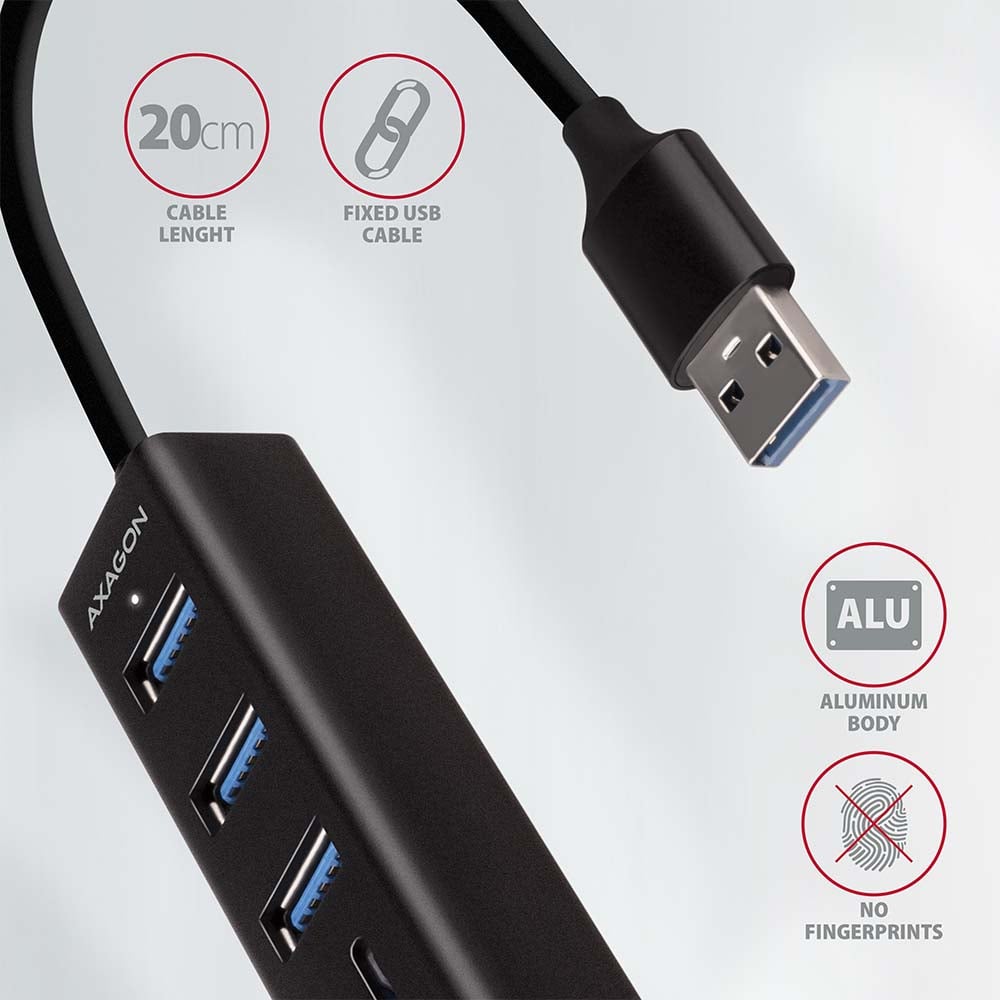 AXAGON HMA-CR3A 3x USB-A + SD/microSD, USB3.2 Gen 1 hub, metal, 20cm USB-A cable