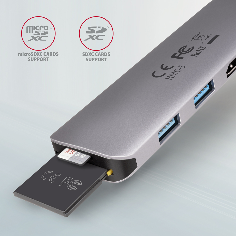 AXAGON HMC-5 USB-C-Hub, 2x USB-A, HDMI, 2x USB-C 3.2 Gen 1, 1x SD, 1x microSD, silver