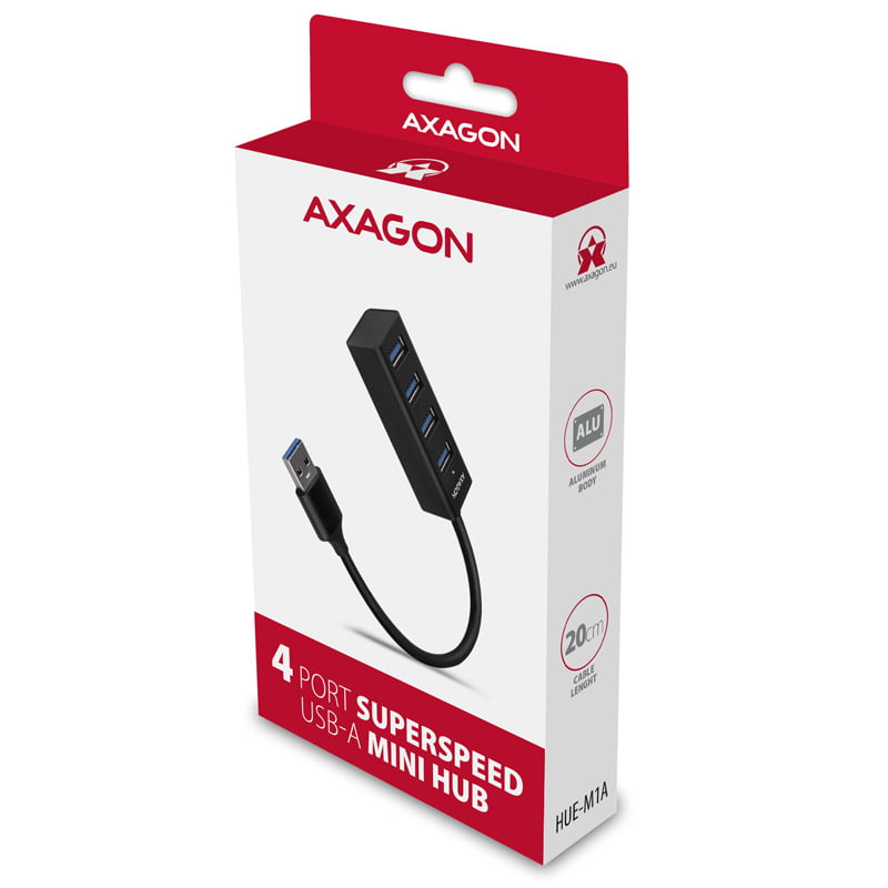 AXAGON HUE-M1A 4x USB 3.2 Gen 1 MINI hub, metal, 20cm USB-A cable