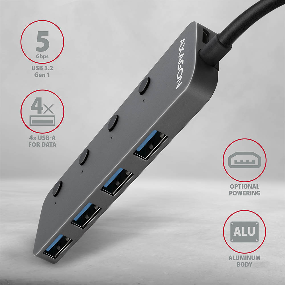 AXAGON HUE-MSA 4x USB3.2 Gen 1 SWITCH hub, metal, micro USB power IN, 20cm USB-A cable
