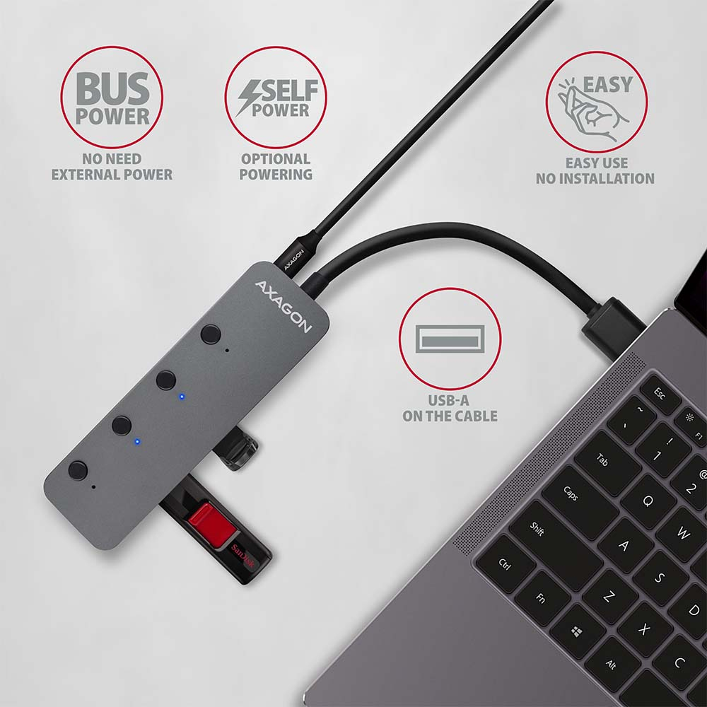 AXAGON HUE-MSA 4x USB3.2 Gen 1 SWITCH hub, metal, micro USB power IN, 20cm USB-A cable