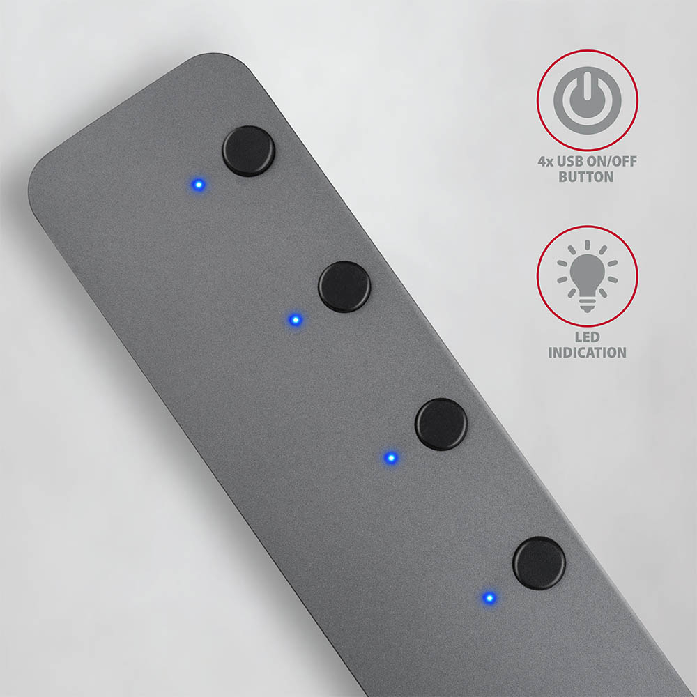 AXAGON HUE-MSA 4x USB3.2 Gen 1 SWITCH hub, metal, micro USB power IN, 20cm USB-A cable