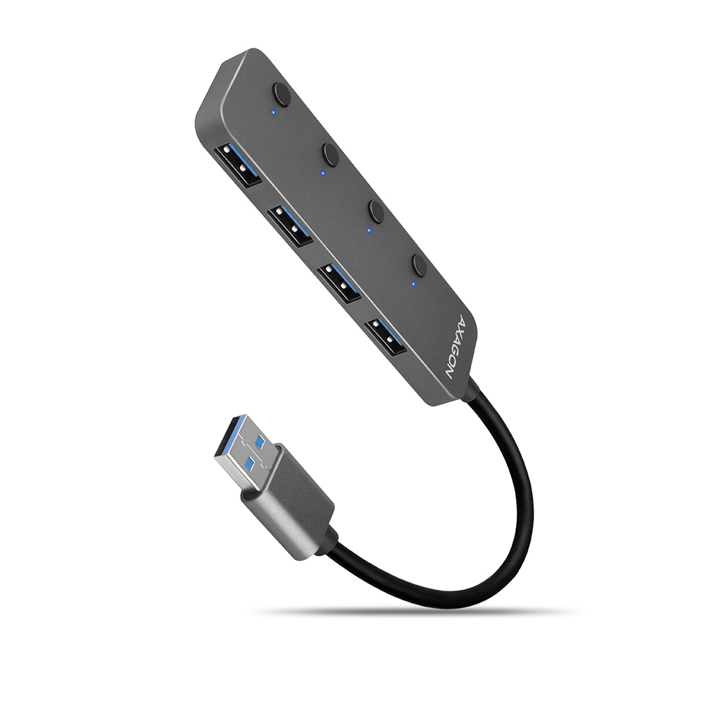 AXAGON HUE-MSA 4x USB3.2 Gen 1 SWITCH hub, metal, micro USB power IN, 20cm USB-A cable