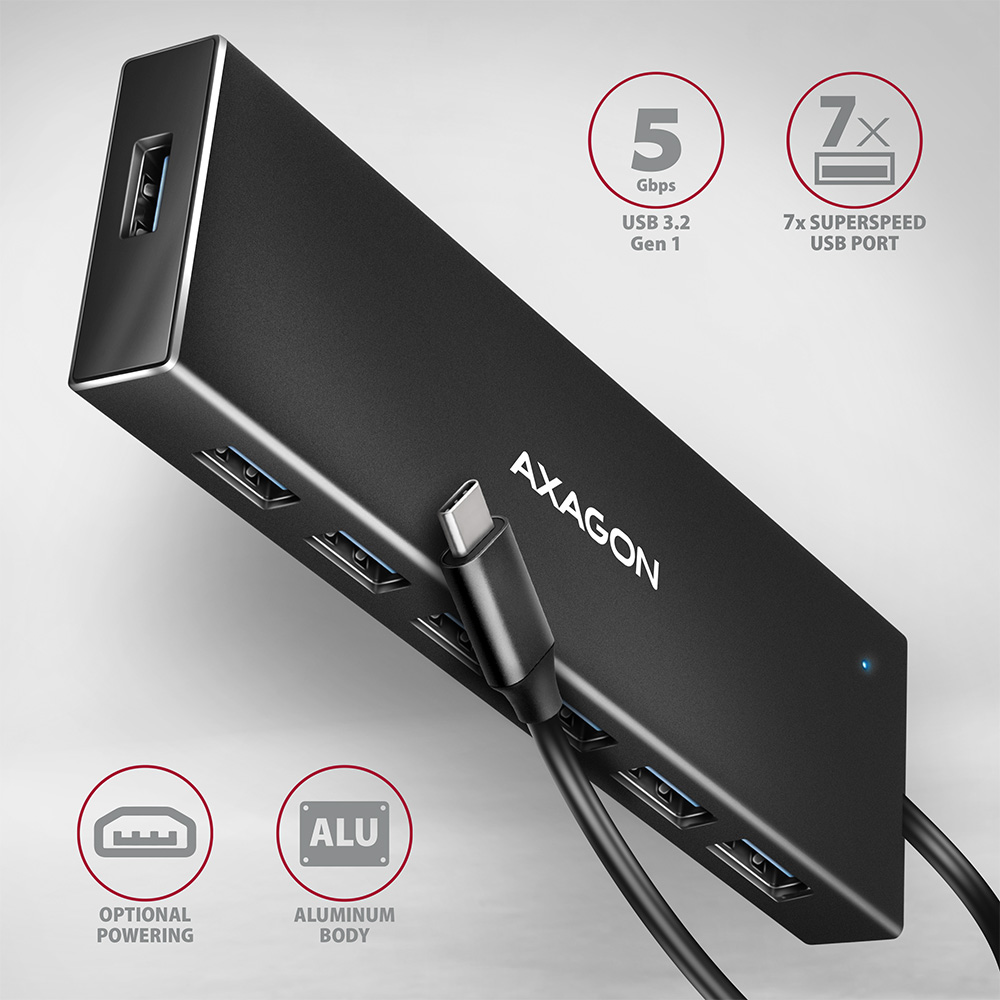 AXAGON HUE-F7C SuperSpeed USB-C FLAT CHARGING HUB Black