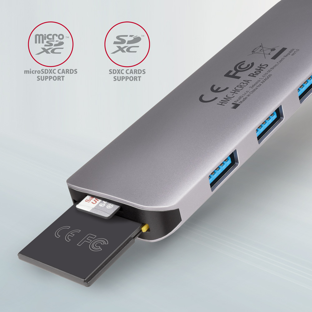 HUB AXAGON HMC-HCR3A USB-Hub, 3x USB-A + HDMI + SD/microSD, USB-C 3.2 Gen 1, 20 cm USB-C-kábel