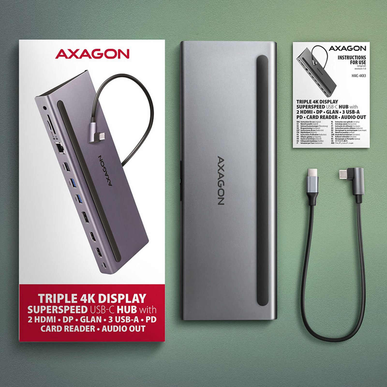 AXAGON HMC-4KX3 USB 3.0 Hub, MiniDP + 2x HDMI, LAN, PD, 3x USB-A