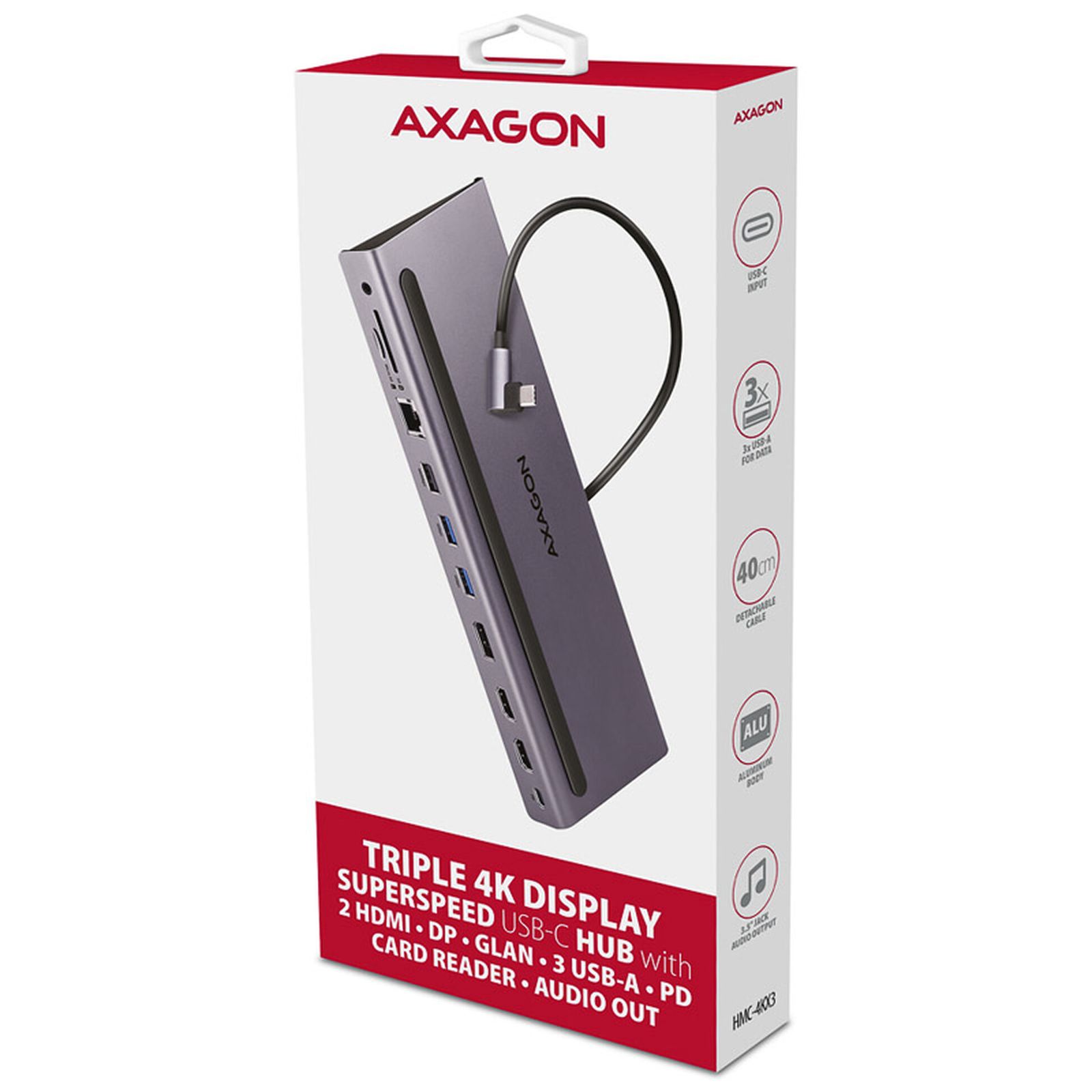 AXAGON HMC-4KX3 USB 3.0 Hub, MiniDP + 2x HDMI, LAN, PD, 3x USB-A