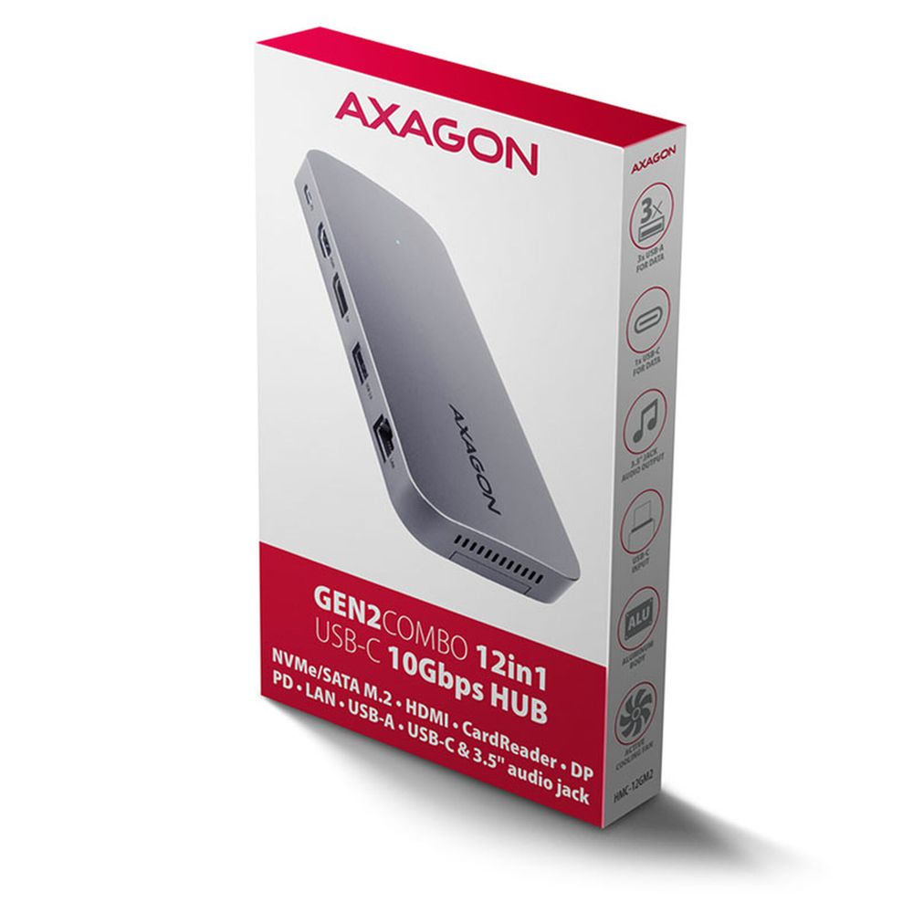 AXAGON HMC-12GM2 Multiport-Hub, USB-C 3.1, M.2-NVMe/SATA, DP + HDMI, Gbit-LAN, 3x USB-A, 1x USB-C