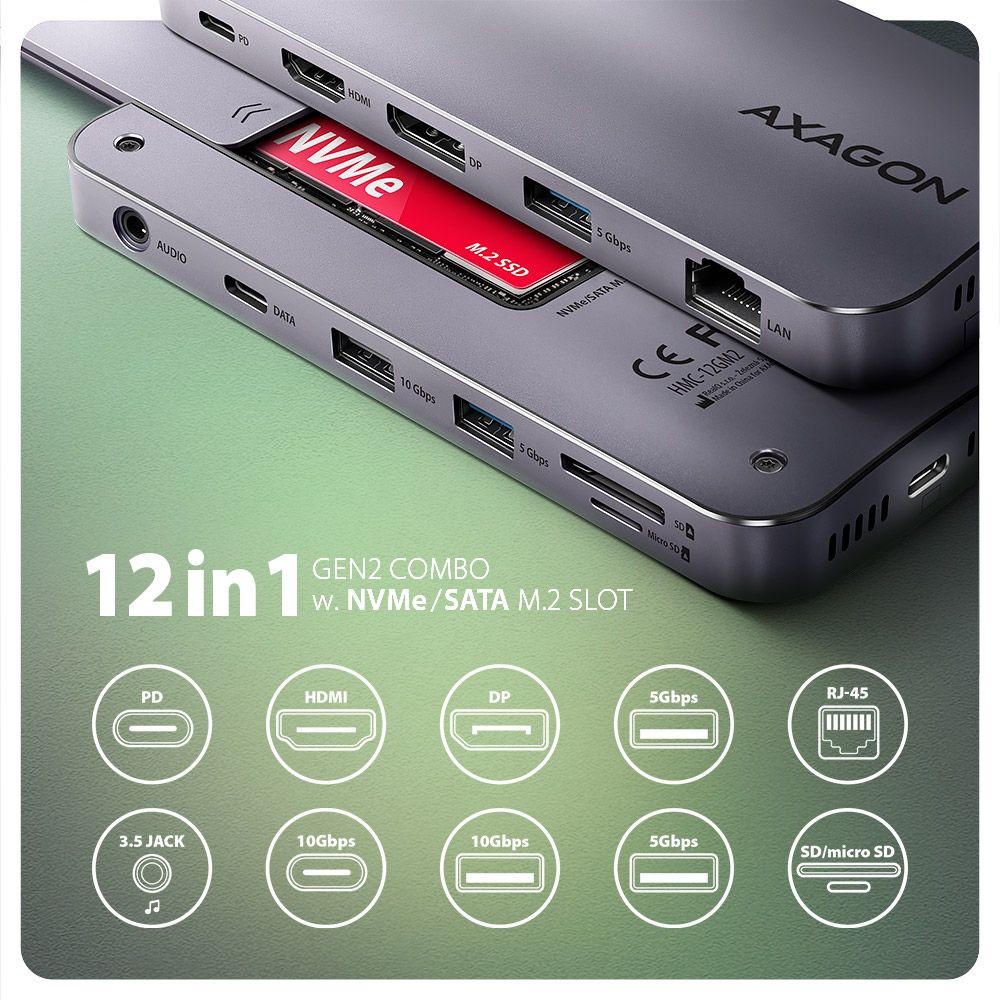 AXAGON HMC-12GM2 Multiport-Hub, USB-C 3.1, M.2-NVMe/SATA, DP + HDMI, Gbit-LAN, 3x USB-A, 1x USB-C