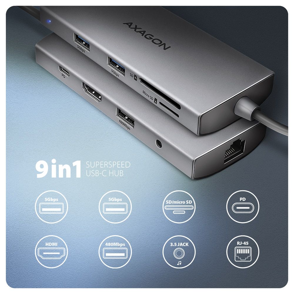 AXAGON HMC-8HLSA USB-C 5 Gbps 9-in-1 Hub
