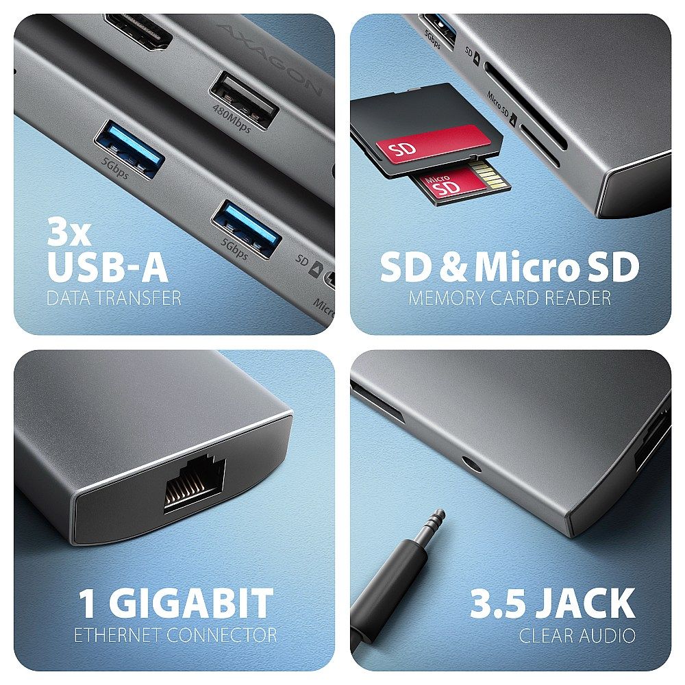 AXAGON HMC-8HLSA USB-C 5 Gbps 9-in-1 Hub