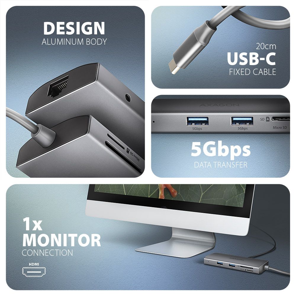 AXAGON HMC-8HLSA USB-C 5 Gbps 9-in-1 Hub