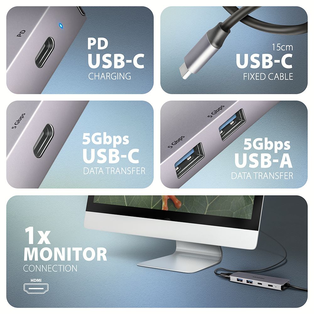 AXAGON HMC-5H60 USB-C 5 Gbps 5-in-1 Hub