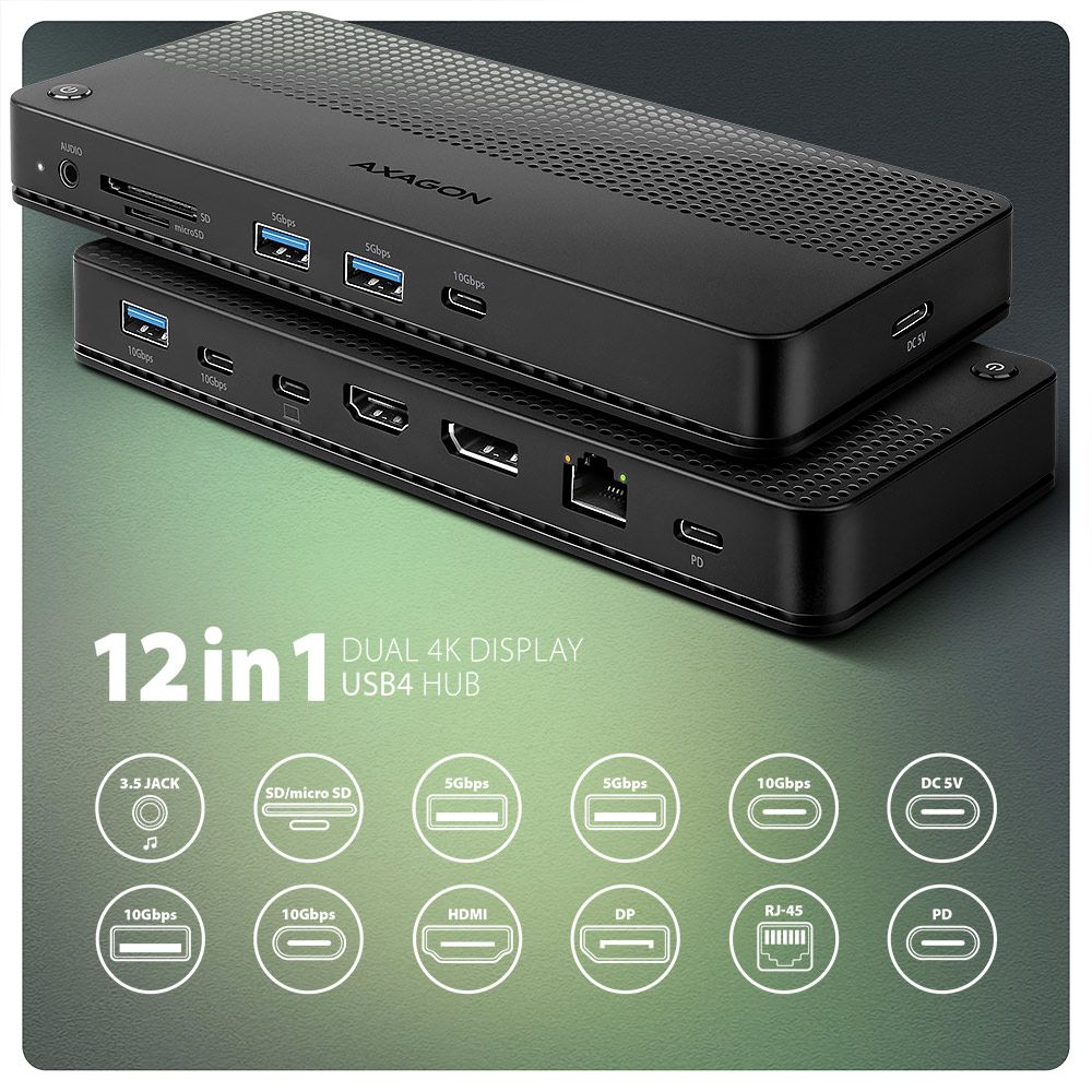 AXAGON HMC-U4 USB4 40 Gbps DUAL 4K DISPLAY 12-in-1 Dock